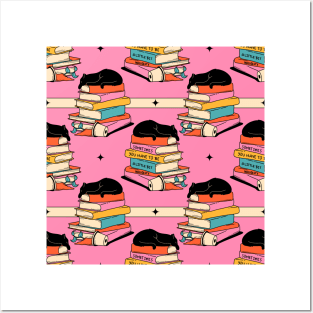 Books and Plant Black Cat Pattern in pink Posters and Art